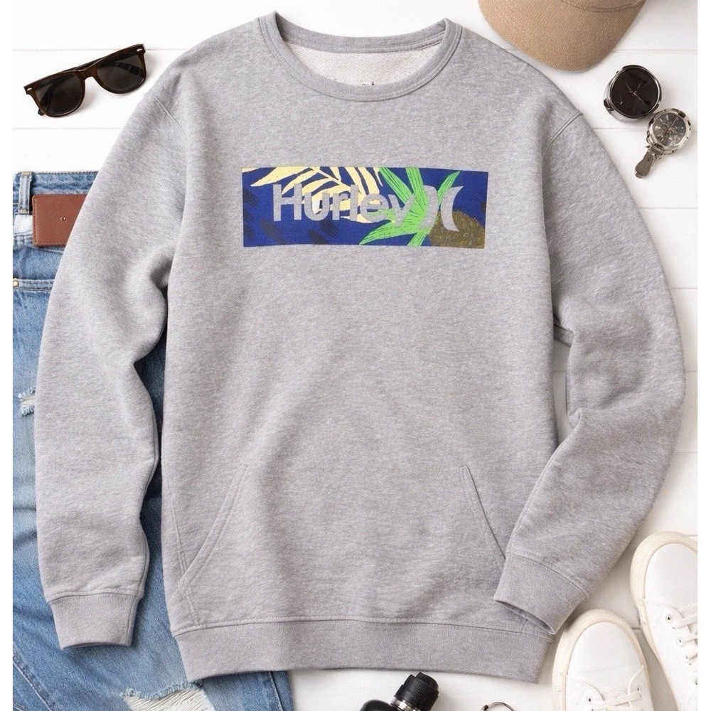Hurley Sweatshirt Mens Size M Gray Good Tropical Graphic Logo Crewneck Pullover